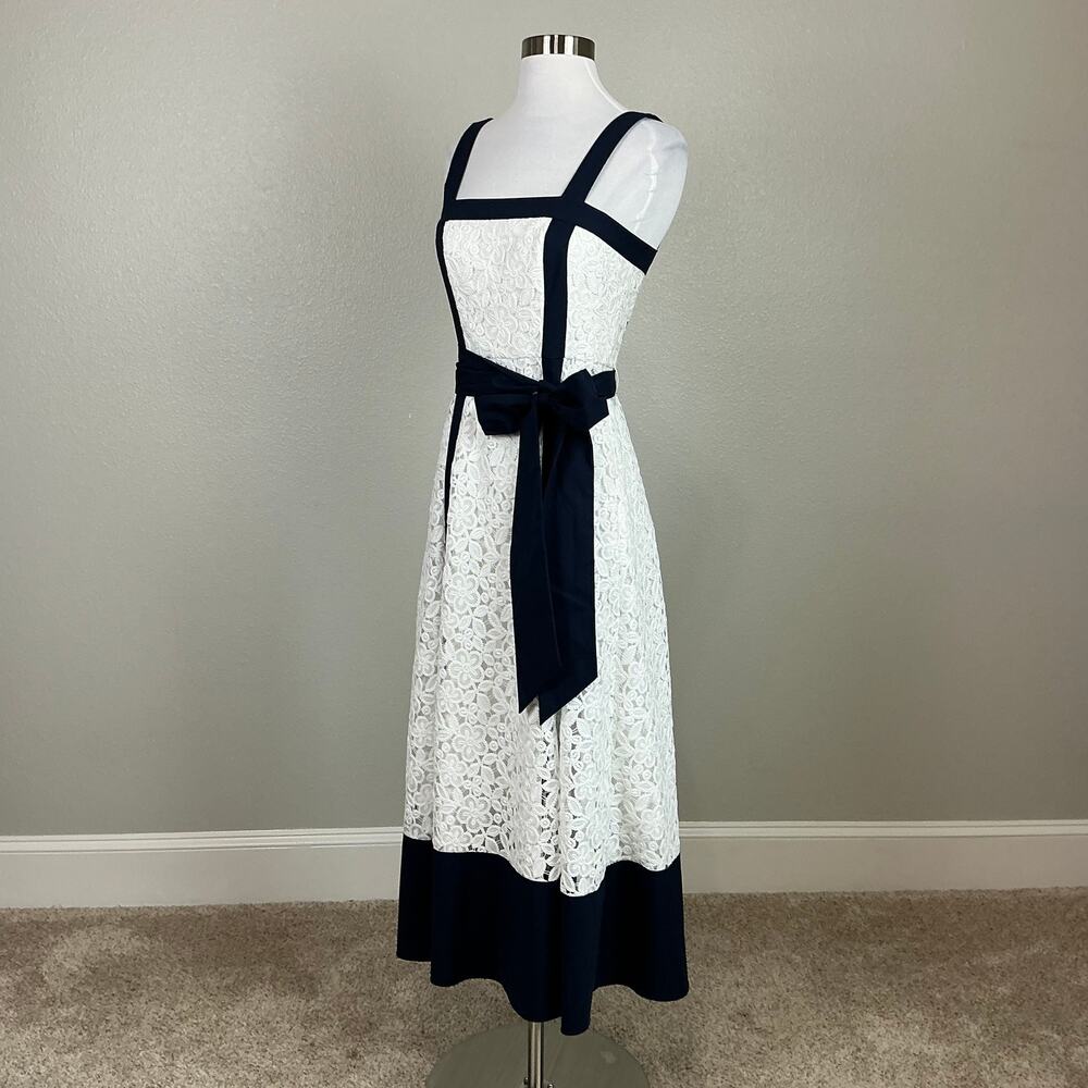 Badgley Mischka Lace Fit and Flare Midi Cocktail Dress Blue and White Size 0 - Picture 5 of 12
